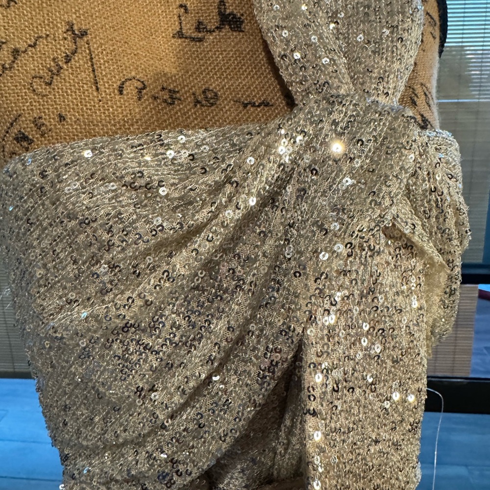 Badgley Mischka Silver Sequin Strapless Gown with Bow Detail - Picture 7 of 9